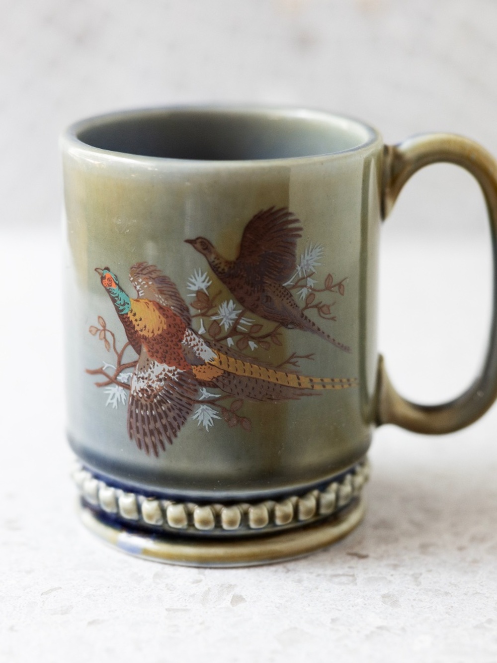 Vintage Wade porcelain ceramic Irish mug blue green with pheasant 4.25" tall